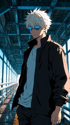 an anime character with white hair and blue eyes standing in front of a metal structure