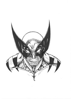 a black and white drawing of a demon with horns on his head, in front of a