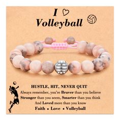 i love volleyball bracelet with pink beads and silver ball charm on the front, featuring an image of a volleyball player's name