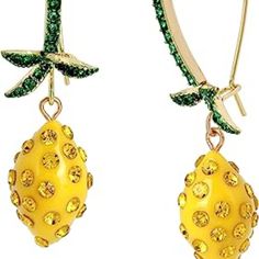 Delicate Long Ear Wire Adorned With Subtle Green Stones And Leaves, And Dangling Vibrant Lemon. Metal, Glass, Plastic Shepherds Hook Closure 2.5" Length 0.5" Width Party Yellow Pierced Jewelry, Whimsical Yellow Dangle Earrings, Unique Yellow Dangle Earrings, Adjustable Novelty Yellow Jewelry, Yellow Metal Dangle Earrings, Whimsical Yellow Nickel-free Earrings, Shepherds Hook, Betsey Johnson Jewelry, Polymer Crafts