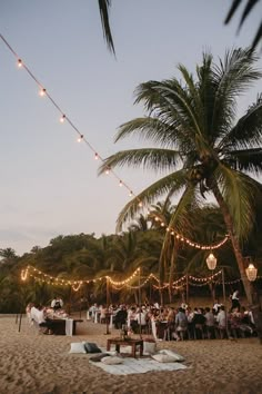 an outdoor dinner on the beach with lights strung from palm trees