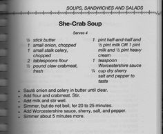 an open book with instructions on how to use the she - crab soup in it