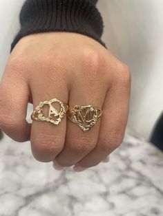 14K 2 Tone Initial Heart Ring - Beautiful solid 14K initial ring - The flowers are in rose gold  - Available in all letters, once purchased message us with the letter you would like - Available in a size 7, we are able to customize in the size needed, message us Promise Ring With Initials In 14k Gold, Personalized Heirloom Rose Gold Initial Ring, Personalized 14k Gold Initial Ring For Promise, Yellow Gold Engraved Ring With Initials For Promise, Personalized 14k Gold Heirloom Initial Ring, Personalized Yellow Gold Initial Ring For Promise, Luxury Rose Gold Initial Ring, Luxury Personalized Rose Gold Initial Ring, Personalized Luxury Rose Gold Initial Ring