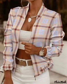 🐕 Big deals! Olivia Mark - Zipped jacket with long sleeves and checked print only at $36.99 Hurry. Womens Printed Tops, Ladies Coat, Autumn Outwear, Streetwear Fall, Outwear Fashion, Womens Jackets Casual, Streetwear Mode, Coat Style, Casual Outerwear