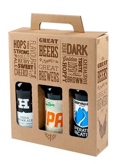 three bottles of beer in a cardboard box