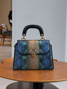 2024 New Arrival Vintage Women's Handbag, Customizable, Mature Style, Fashionable Trendy, Blue And Gold Snake Skin Pattern, Heavy Duty Hardware, Luxurious Lock Buckle, Can Be Carried As Handbag, Shoulder Bag Or Crossbody Bag, Detachable Handles Multicolor Elegant   PU Leather Colorblock,All Over Print,Textured Pattern Square Bag   Women Bags, size features are:Bust: ,Length: ,Sleeve Length: Women's Bags, Snake Skin Pattern, Snake Patterns, Lingerie Accessories, Retro Women, Gold Snake, Tote Pattern, Tote Bag Pattern, Square Bag