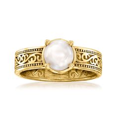 Ross-Simons - 6.5-7mm Cultured Pearl Scrollwork Ring in 18kt Yellow Gold Over Sterling. Size 7. Our stunning antique-style ring features ornate 18kt yellow gold over sterling silver scrollwork that goes around the entire band. For a luminous centerpiece, a 6.5-7mm cultured freshwater button pearl gleams front and center. Textured and polished finishes. 1/4" wide. White pearl scrollwork ring. Pearl birthstones are the perfect gift for June birthdays. Classic Gold Filigree Ring With Decorative Band, Antique Style Rings, Pearl Birthstone, Ring Pearl, Pearl Engagement Ring, Pearl Rings, Freshwater Pearl Ring, Pearl Types, Geometric Earrings