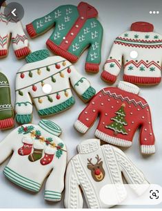 decorated christmas sweaters and mittens cookies on a white table with text overlay