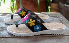 New womens flower embroidered leather slip on authentic mexican huarache sandals Spring Toe Post Sandals With Rubber Sole, Spring Flip Flops With Rubber Sole And Flat Heel, Spring Round Toe Rubber Sole Flip Flops, Spring Rubber Sole Round Toe Flip Flops, Spring Flat Sandals With Stitched Sole, Black Sandals With Stitched Sole For Summer, Black Summer Sandals With Stitched Sole, Spring Sandals With Stitched Sole And Round Toe, Casual Leather Flip Flops With Flat Heel