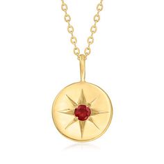 Ross-Simons - July/Ruby - Birthstone Star Disc Pendant Necklace in 14kt Yellow Gold. 18". RS Pure. Modern designs that complete your outfit and complement your personality. Celebrate July with this delicate 14kt yellow gold pendant necklace. The disc features a .10 carat ruby inside a star motif. It's the perfect way to add personality to your favorite layers! Suspends from a cable chain with a 2" extender. Springring clasp, birthstone star disc pendant necklace. Garnet birthstones are the perfe Yellow Gold Star-shaped Gemstone Necklace, Star-shaped Yellow Gold Birthstone Necklace, Yellow Gold Star Necklace With Birthstone, Yellow Gold Star Shaped Necklace With Birthstone, Yellow Gold Star Necklace With Polished Finish, Celebrate February, Citrine Birthstone, September Sapphire, Peridot Birthstone