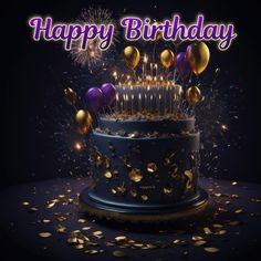 a birthday cake with gold and purple balloons