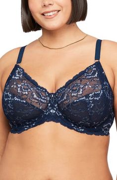 This wireless lace bra is fashioned with soft stretch-mesh cups that provide added support while enhancing cleavage. 85% nylon, 15% spandex with 76% nylon, 9% polyester, 15% spandex Hand wash, line dry Imported Women's Clothing Full Coverage Lace Nursing Bra With Delicate Lace, Full Cup Lace Bra With Stretch, Stretch Lace Full Cup Bra, Seamless Full Coverage Lace Bra, Full Coverage Lace Bra With Lace Closure, Lace Underwire Bra With Stretch, Full Coverage Stretch Bra With Lace Closure, Full Coverage Lace Nursing Bra With Lace Closure, Lace Nursing Bra With Medium Bust Support