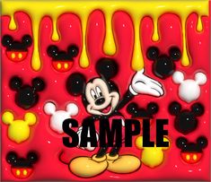 a mickey mouse cake with the words sample on it and dripping paint overlays