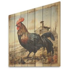 a rooster painted on wooden planks in front of a farm scene with a barn