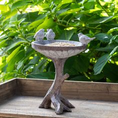 a bird feeder with two birds sitting on it's side in front of some plants