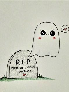 a drawing of a ghost sitting in front of a gravestone with the words rip written on it