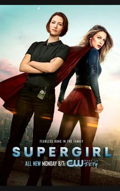 two people standing next to each other in front of a cityscape with the caption's name supergirl all new monday