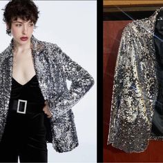 Stradivarius Women Sequins Blazer Sequin Jacket Casual Long Sleeve Glitter Party Shiny Nwt Size Medium #32 Glamorous Winter Outerwear For Night Out, Glamorous Long Sleeve Fall Blazer, Glamorous Long Sleeve Blazer For Fall, Trendy Fall Party Blazer, Metallic Outerwear For Winter Party, Metallic Outerwear For Party In Winter, Glamorous Fall Outerwear With Sequins, Glamorous Holiday Workwear Outerwear, Glamorous Fall Sequin Outerwear