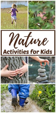 several pictures with the words forest school nature activities