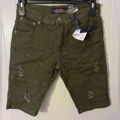 Dark Green Shorts, With A Few Rips. Casual Spring Shorts With Zip Fly, Casual Shorts With Zip Fly For Spring, Casual Zip Fly Shorts For Spring, Green Cotton Bottoms With Zip Fly, Green Casual Bottoms With Zip Fly, Casual Green Bottoms With Zip Fly, Green Jean Shorts, Dark Green Jeans, Girbaud Jeans