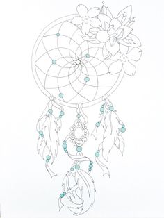 a drawing of a dream catcher with flowers on it