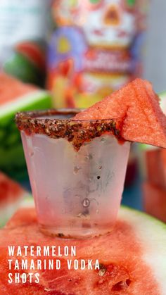 watermelon tamarind vodka shots are garnished with cinnamon