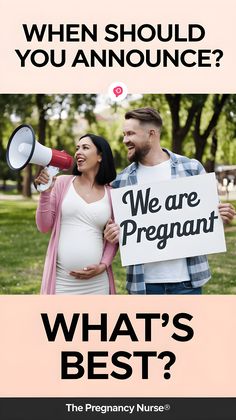 a pregnant woman holding a sign next to a man with a megaphone in his hand