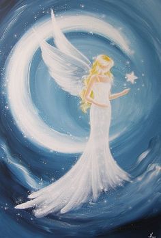 a painting of a white angel holding a star in her hand and flying through the air