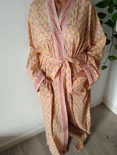 Cotton robe Spring Cotton Kimono For Lounging, Cotton Kimono For Spring Lounging, Cotton Kimono For Lounging, Long Sleeve Summer Robe For Home, Summer Long Sleeve Home Robe, Cotton Robe With Kimono Sleeves For Relaxation, Cotton Wrap Sleepwear For Spring, Spring Cotton Wrap Sleepwear, Long Summer Robe For Lounging