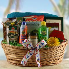 a wicker basket filled with lots of goodies