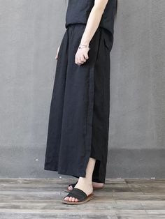 LATERAL PATCH SPLIT-JOINT ANKLE HOLLOW PANTS - rrdeye Casual Bottoms With Side Slits For Summer, Casual Summer Bottoms With Side Slits, Black Wide Leg Pants With Side Slits, Black Solid Color Bottoms For Spring, Summer Cotton Bottoms With Side Slits, Casual Wide Leg Pants With Side Slits, Casual Summer Pants With Side Slits, Black Ankle-length Pants With Elastic Waistband, Spring Black Ankle-length Wide Leg Pants