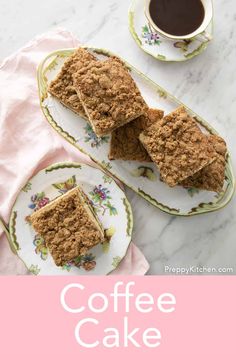 coffee cake on two plates next to a cup of coffee