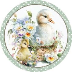 a duckling and its chicks in a basket with flowers on the side, surrounded by polka dots