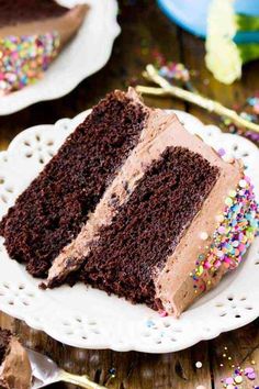 a slice of chocolate cake on a plate with sprinkles