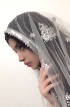 a woman wearing a veil with silver sequins on it