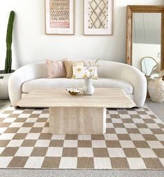 Checkered Rug Beige & Cream - Curated Home Decor Cb2 Decor, Cb2 Living Room, Cloud Bedroom, Checkered Area Rug, Living Space Decor, Check Mate, White Couches, Mid Century Modern Interiors, White And Beige