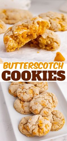 butterscotch cookies on a white plate with the words butterscotch cookies above them