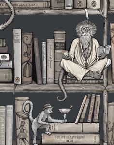 a drawing of a man sitting on top of a book shelf next to a monkey