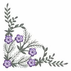 a cross stitch pattern with purple flowers and green leaves on white background, in the shape of a triangle