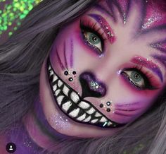 Halloween Makeup Cheshire Cat, Chesire Makeup, Halloween Costumes Pink Hair, Halloween Costumes Purple Hair, Purple Hair Halloween Costumes, Chesire Cat Costumes, Cheshire Cat Costume Diy, Diy Cheshire Cat Costume, Chesire Cat Costume