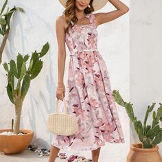 AIYOYA S / Pink Priya Boho Midi Dress Pink Square Neck Maxi Dress For Vacation, Summer Floral Dress With Square Neck For Vacation, Vacation Floral Print Sundress With Square Neck, Floral Print Square Neck Sundress For Vacation, Vacation Floral Print Square Neck Sundress, Casual Summer Floral Dress With Adjustable Straps, Pink Maxi Dress With Adjustable Straps For Garden Party, Pink Square Neck Sundress With Tie Straps, Pink Sundress With Square Neck And Tie Straps