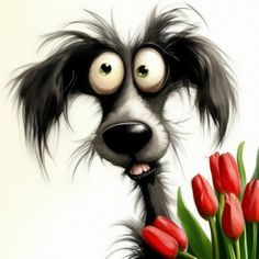 a black and white dog with green eyes next to red tulips