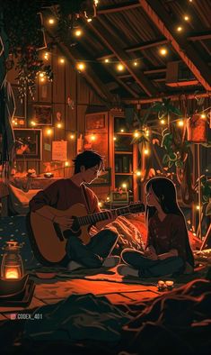 two people are sitting on the floor playing guitar in front of some lights and lanterns