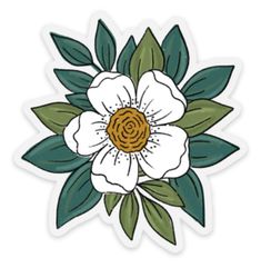 a white flower with green leaves sticker on a white background and an orange center