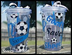 two pictures of a plastic cup with soccer balls on it and the words soccer save shot