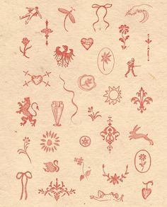 an old paper with many different designs on the front and back side, all in red ink