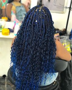 30 Best Box Braids Hairstyles to Inspire You Black And Blue Goddess Braids, Blue Boho Braids, Box Braids Blue, Olivia Morris, Box Braids Updo, Colored Box Braids, Braiding Styles, Girly Pop, Jumbo Box Braids