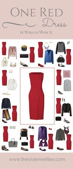 One Red Dress in a Capsule Wardrobe: Fourteen Ways to Wear It Red Dress Office Outfit, Red Dress Accessories, Stile Casual Chic, Vivienne Files, Red Black Dress, The Vivienne, Red Dress Outfit, Red Dress Women, Fashion Capsule