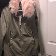 New Jacket! Green And Pik. You Will Love Pink Hooded Spring Parka, Pink Hooded Parka For Spring, Pink Spring Outerwear With Faux Fur Trim, Trendy Pink Outerwear For Cold Weather, Trendy Spring Outerwear With Faux Fur Trim, New Jacket, Gianni Bini, Jackets & Coats, Jackets For Women