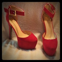 Red Suede Heels. 6.5 Inch Heels. Has A Small Tear On Inside Of Srap. Red High Heels With Buckle Closure, Red Heels With Buckle Closure For Evening, Red Heels With Buckle Closure For Formal Occasions, Red Formal Heels With Buckle Closure, Formal Red Heels With Buckle Closure, Chic Red Platform Heels, Red Suede Heels, 5 Inch Heels, Red Suede